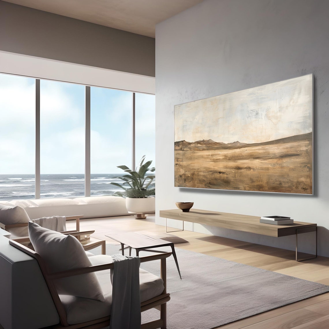 Neutral Desert Dunes Mountains Abstract Beige Landscape Wall Art - Image 3