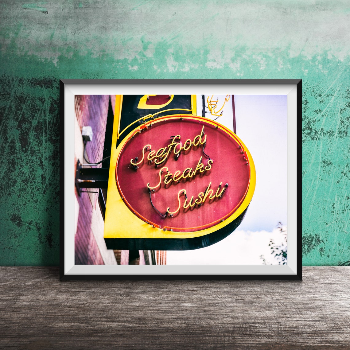 Seafood Steaks Sushi Red Oval Vintage Neon Restaurant Sign Poster