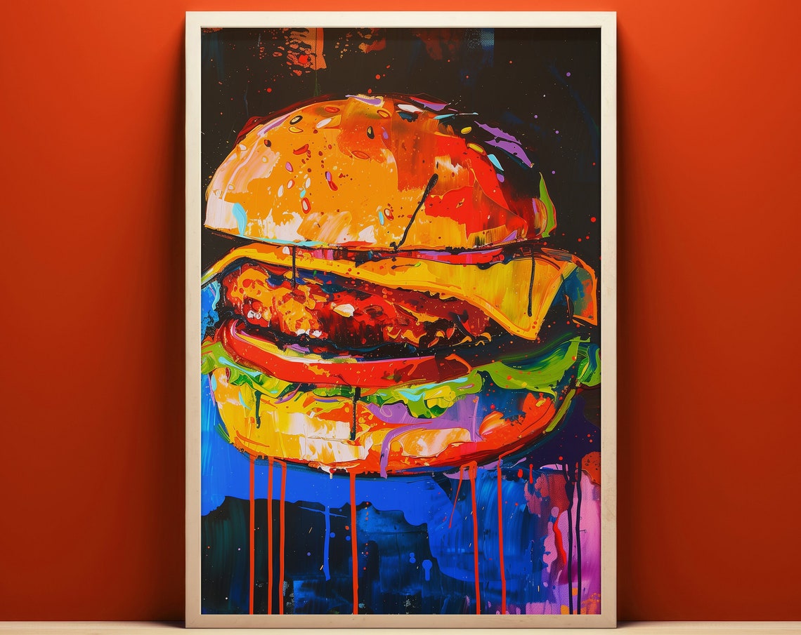Colorful Burger Pop Art Juicy Cheeseburger Painting Kitchen Poster