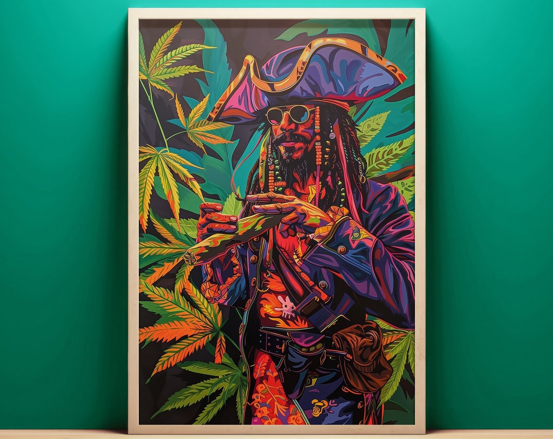 Cannabis Pirate Rolling Blunt Tropical Leaves Colorful Pop Art Poster - Image 4