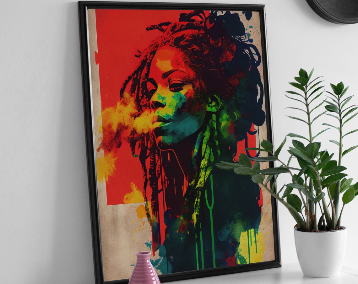 Jamaican Women Portrait Acrylic Style Wall Art Abstract Art Bold Collage Instant Rastafari Style Dreadlocks - Image 2