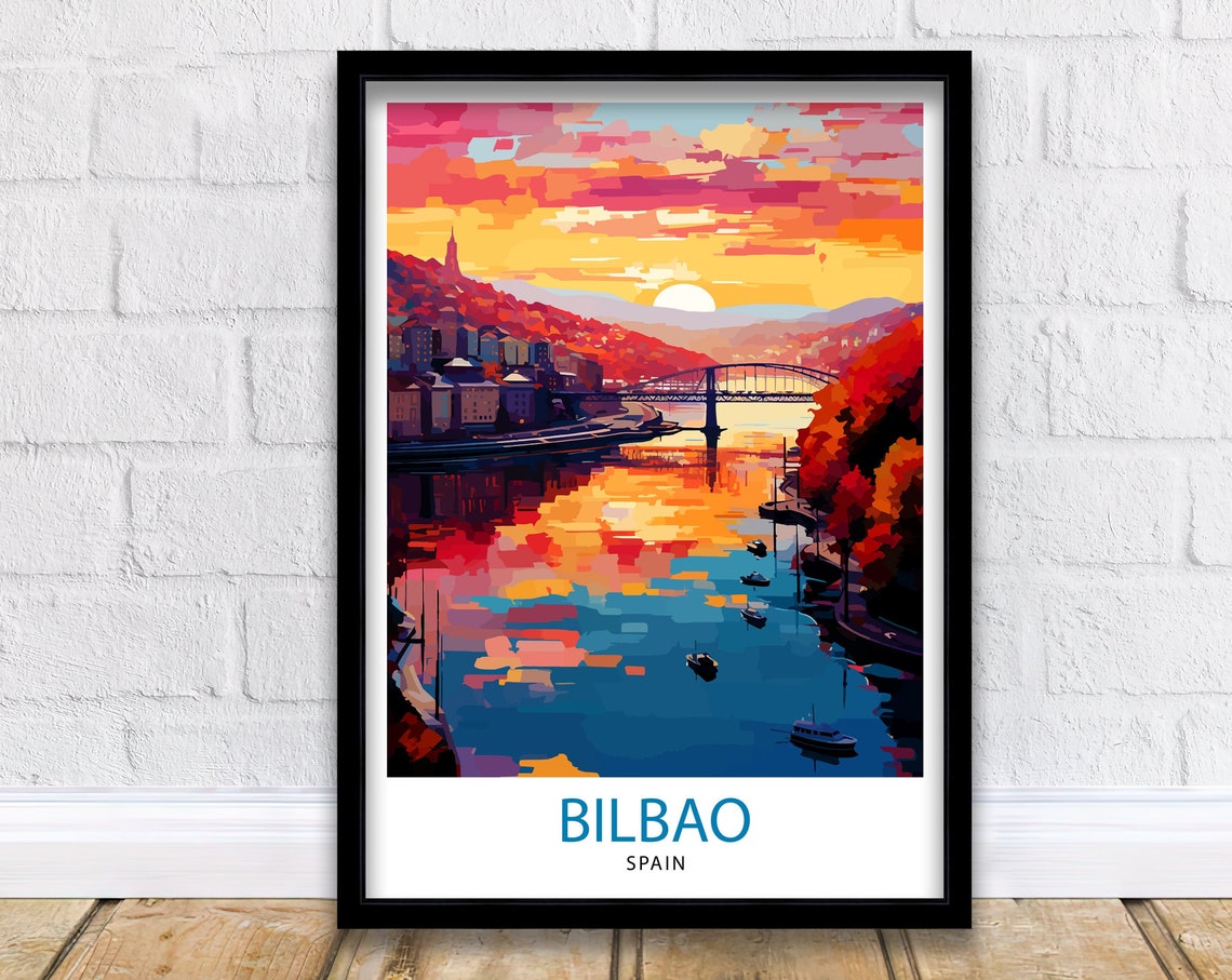 Bilbao Spain Sunset River And Bridge Impressionist Travel Poster