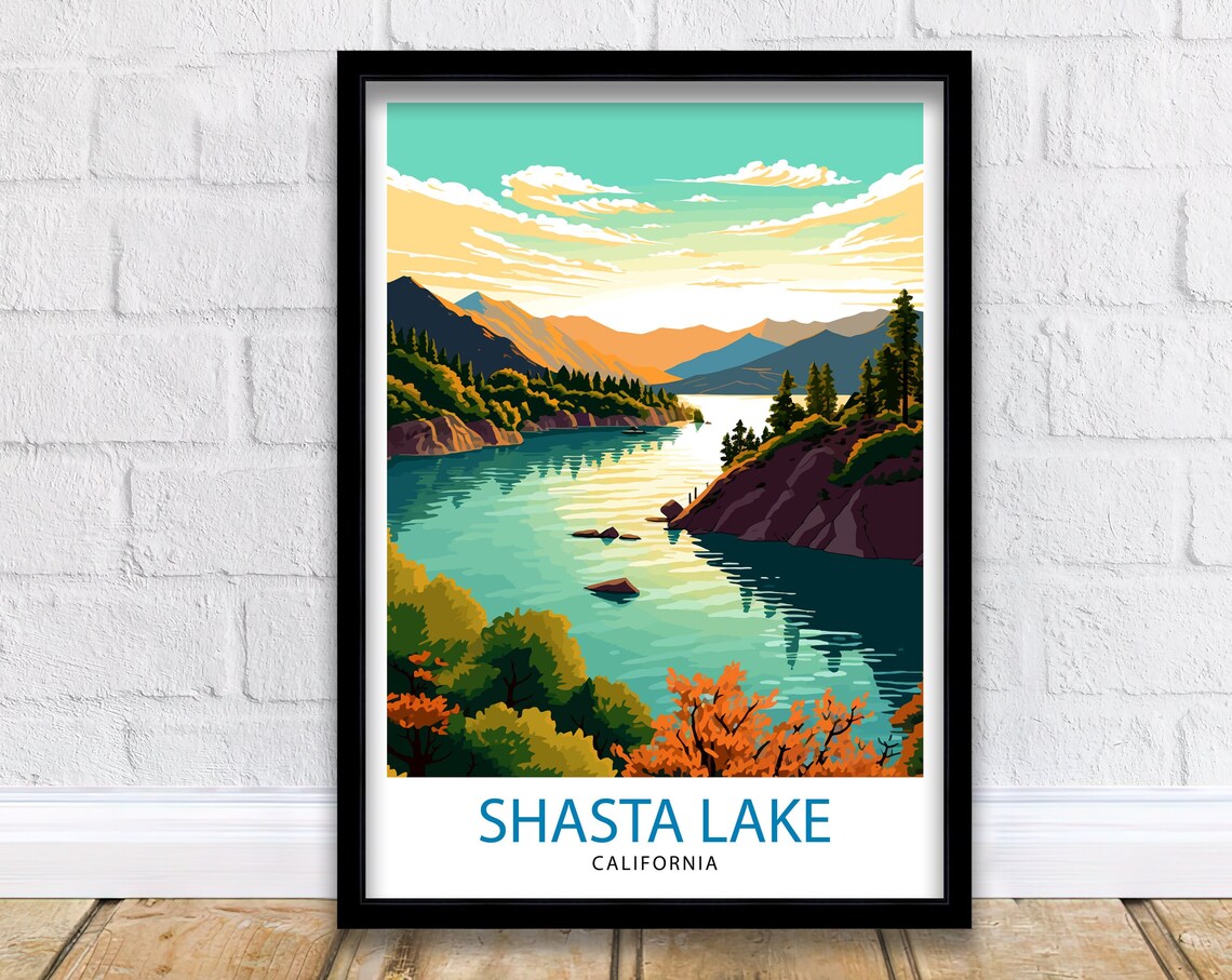 Shasta Lake California Sunset Mountains Water Vintage Travel Poster