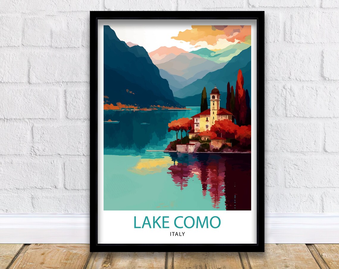 Lake Como Italy Lakeside Villa Mountain Sunset View Travel Poster
