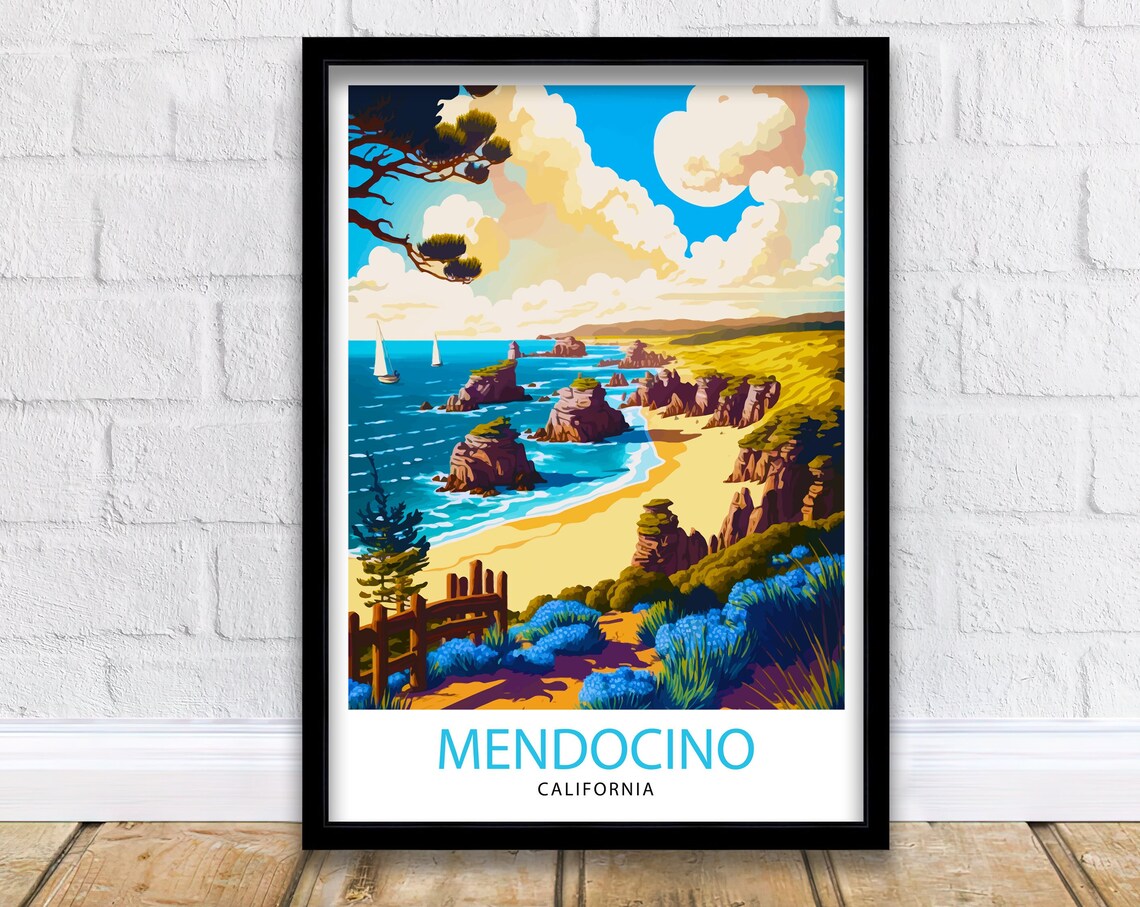Mendocino California Rugged Coast Sea Stacks and Sailboats Poster