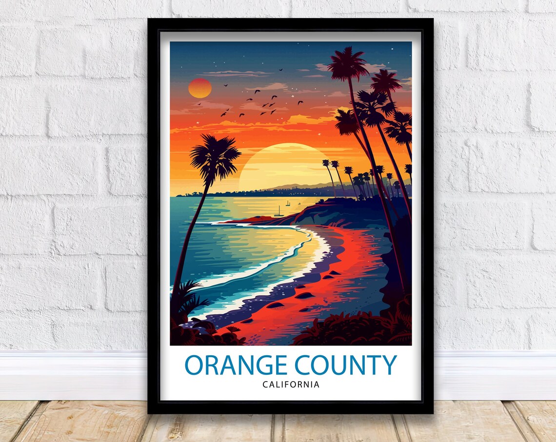 Orange County California Sunset Beach Palm Illustrated Travel Poster