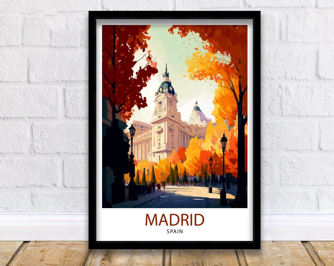 Madrid Spain Autumn Trees Grand Palace Vintage Travel Art Poster