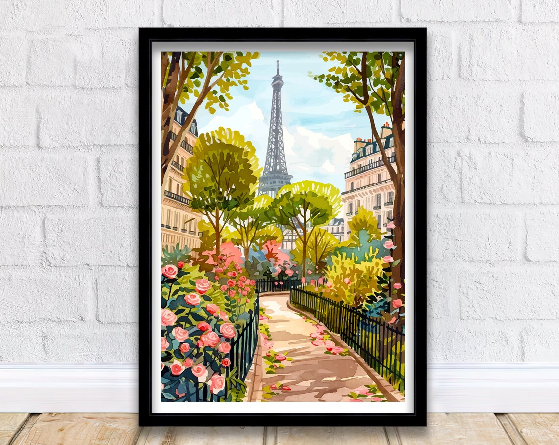 Paris France Travel Poster Eiffel Tower Rose Garden Path Art