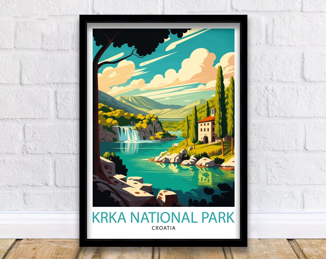 Krka National Park Travel Poster, Croatia Illustration