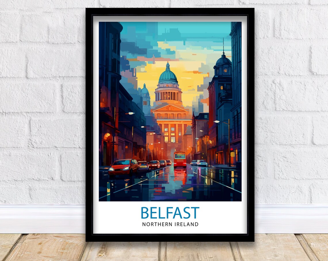 Belfast Cityscape Illustration Travel Poster, Northern Ireland