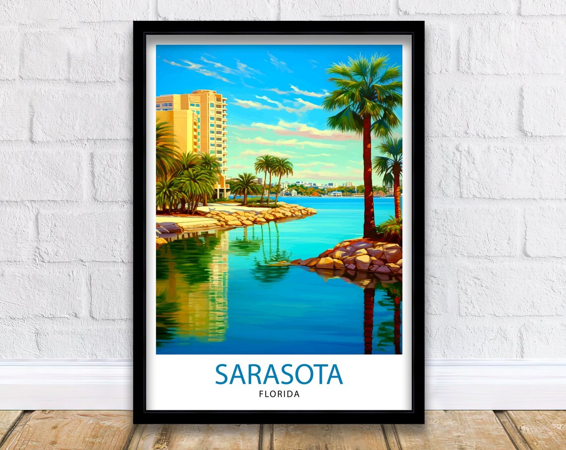 Sarasota Florida Bay Palm Trees Waterfront Towers Bright Travel Poster