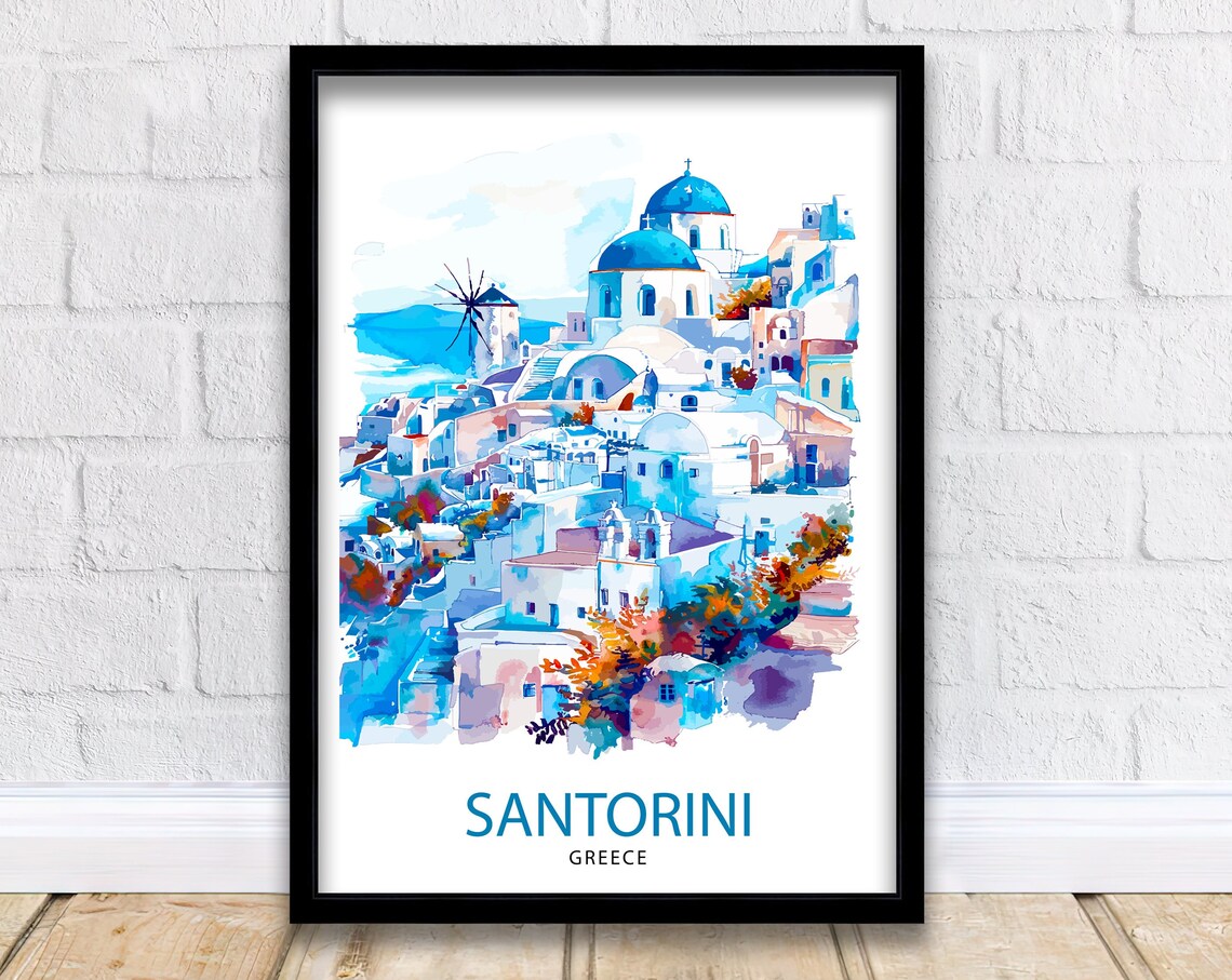 Santorini Greece Island Village Blue Domes Watercolor Travel Poster