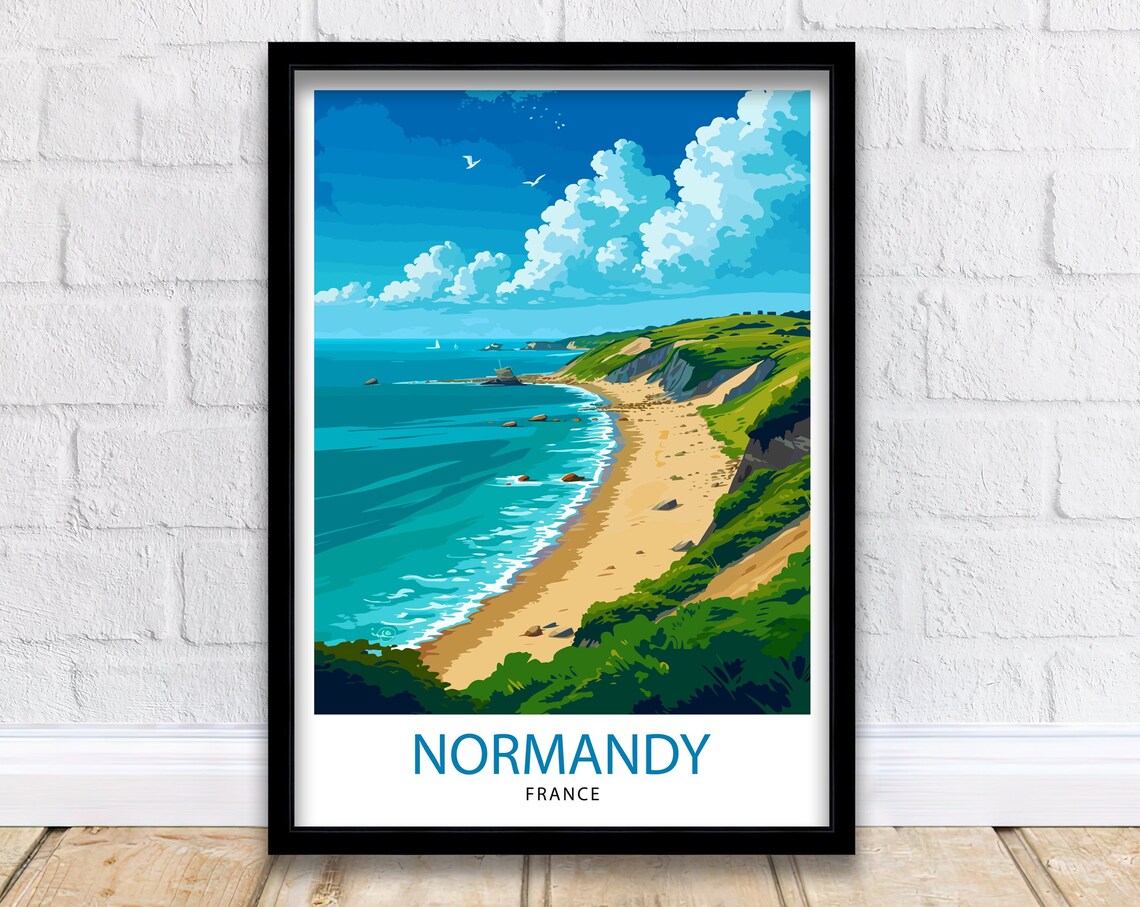 Normandy France Green Cliffs Sandy Beach Coastal Travel Poster