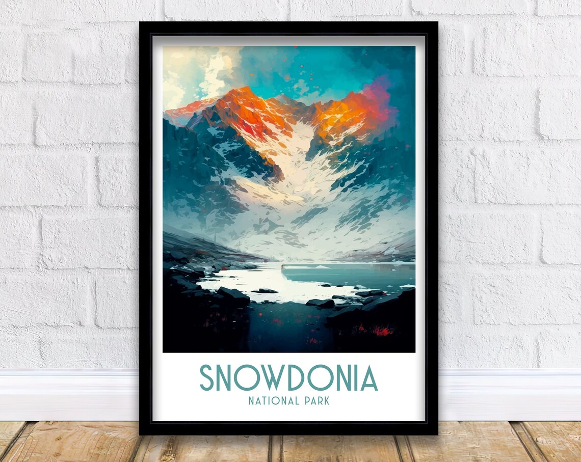 Snowdonia National Park Snowy Peaks Lake Wales Mountain Travel Poster