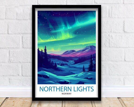 Northern Lights Norway Aurora Snowy Mountains Night Travel Poster