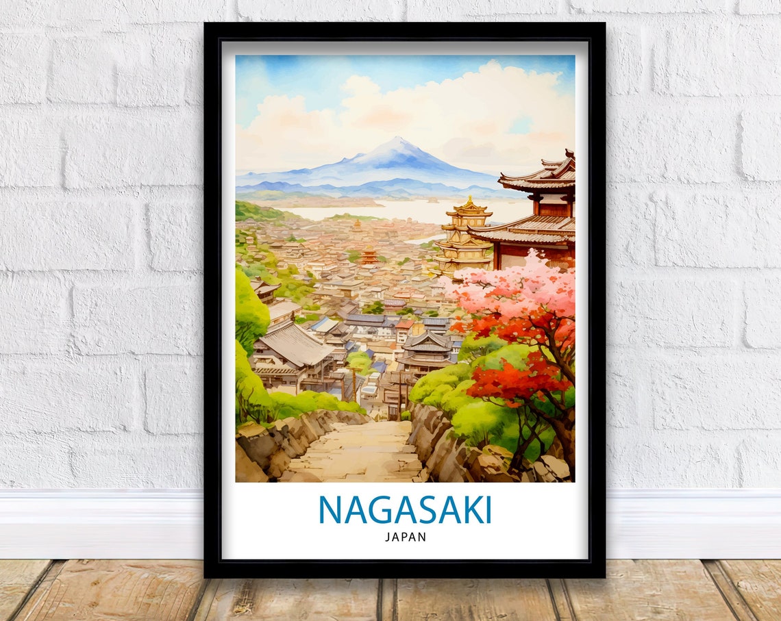 Nagasaki Japan Panoramic Temple Pagoda Hillside Cherry Blossom Poster