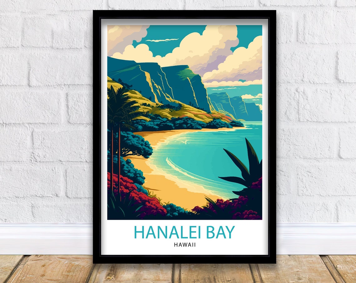 Hanalei Bay Hawaii Turquoise Water Golden Beach Cliffs Travel Poster