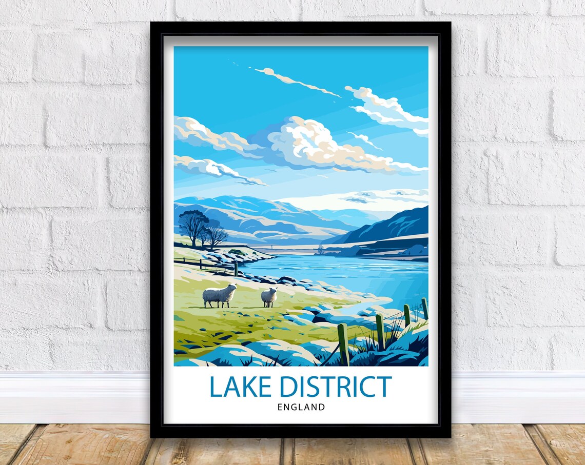 Lake District England Serene Sheep Grazing by Lake Travel Poster