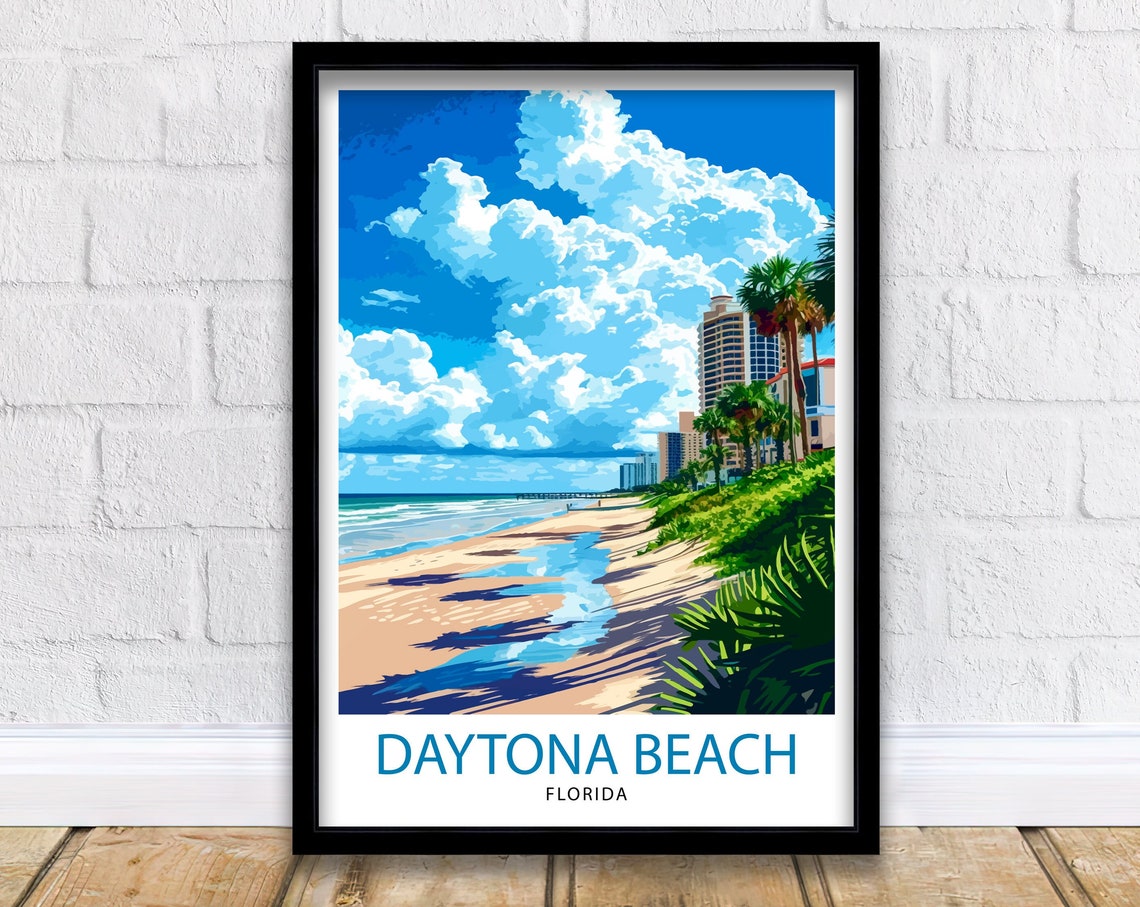 Daytona Beach Florida Shoreline Buildings Blue Skies Travel Poster