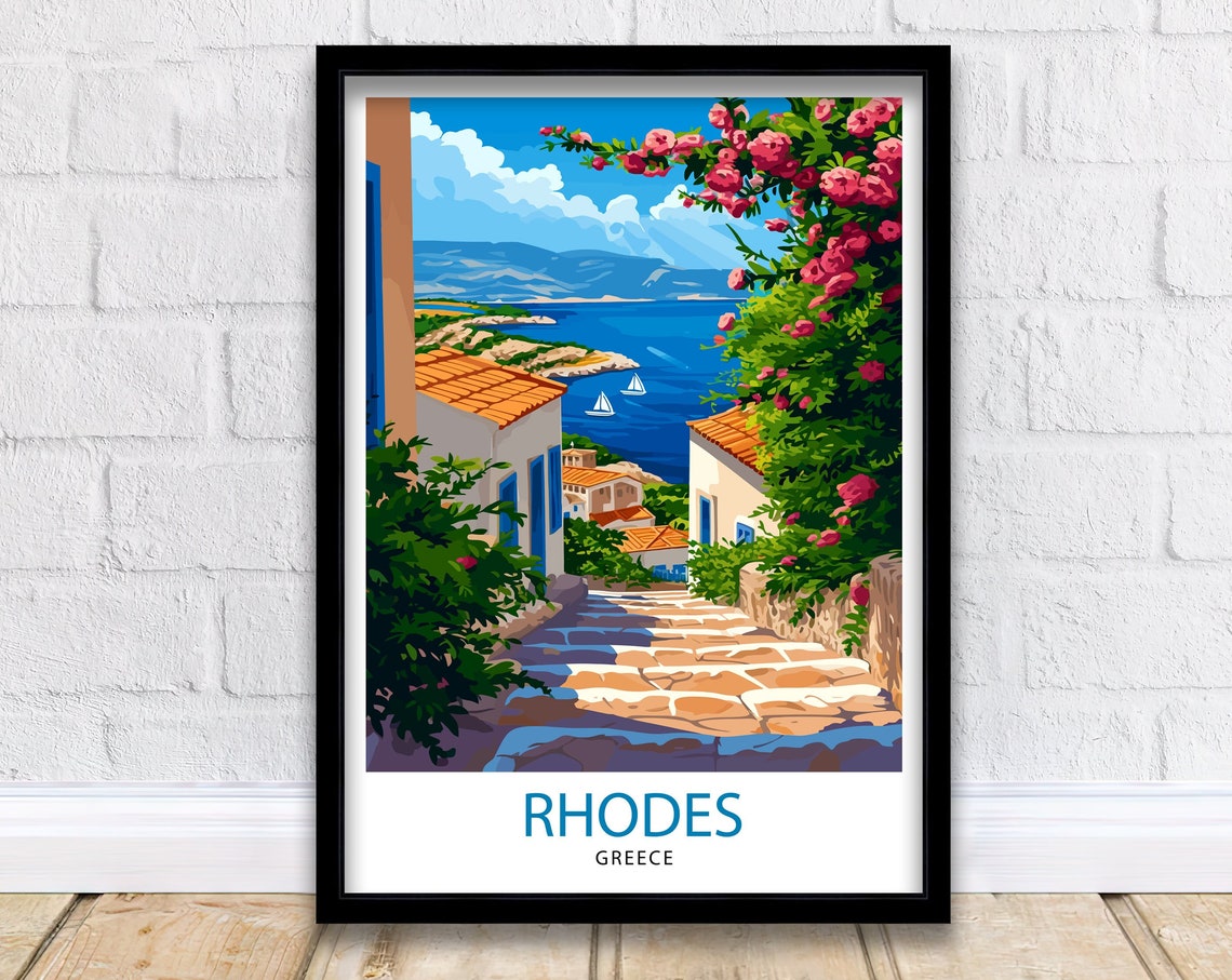 Rhodes Greece Island Village Stone Steps Sea View Poster Art
