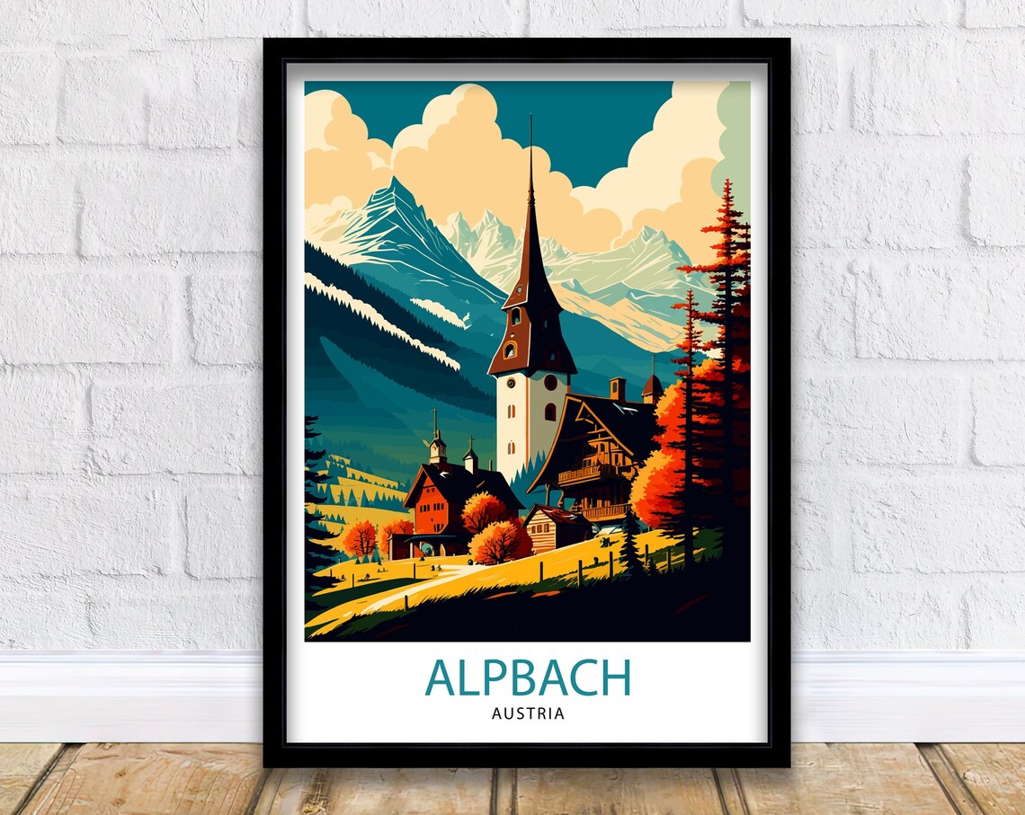 Alpbach Austria Alpine Church Spire Village Vintage Travel Poster