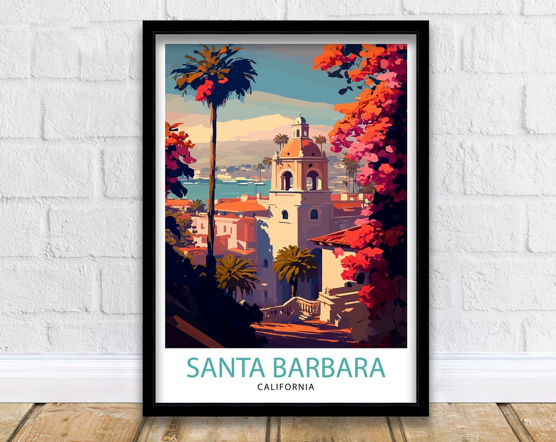 Santa Barbara California Bell Tower Palms Harbor Sunset Poster