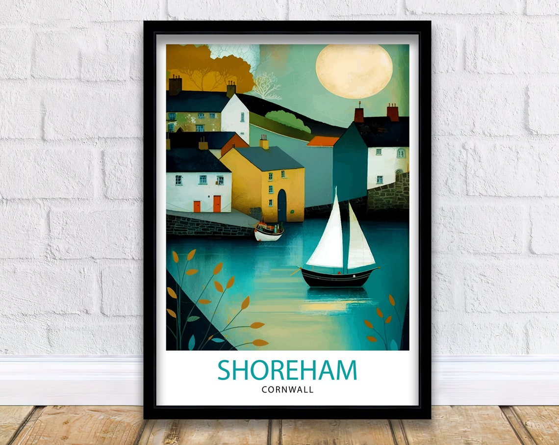 Shoreham Cornwall Moonlit Sailboat Cottages Night Harbour Poster