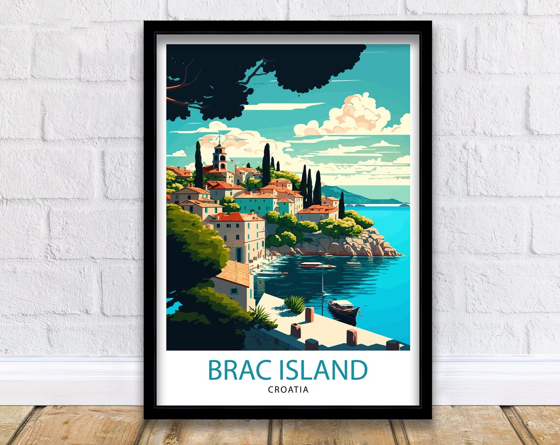 Brac Island Croatia Coastal Town Boats Cypress Retro Travel Poster