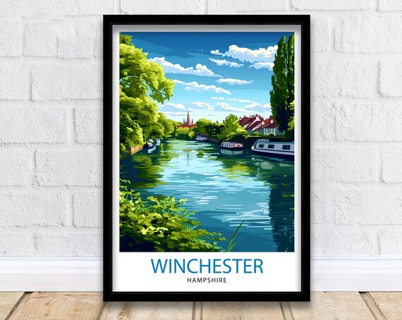 Winchester Hampshire River Houseboats Cathedral Travel Poster