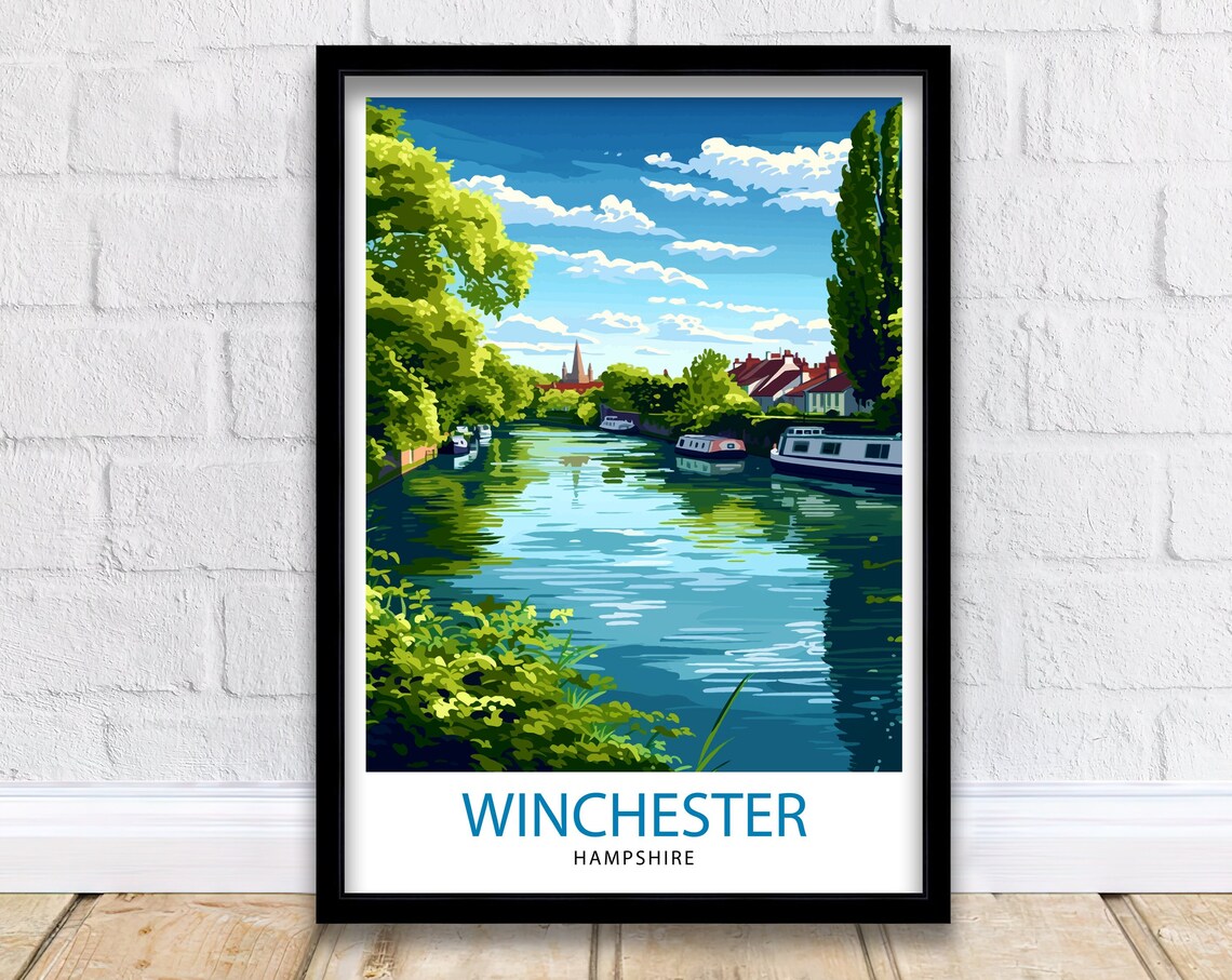 Winchester Hampshire River Houseboats Cathedral Travel Poster
