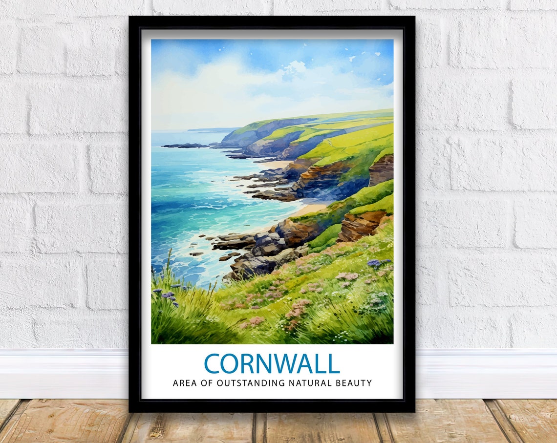 Cornwall England Rugged Coast Cliffs Sea Watercolor Art Poster