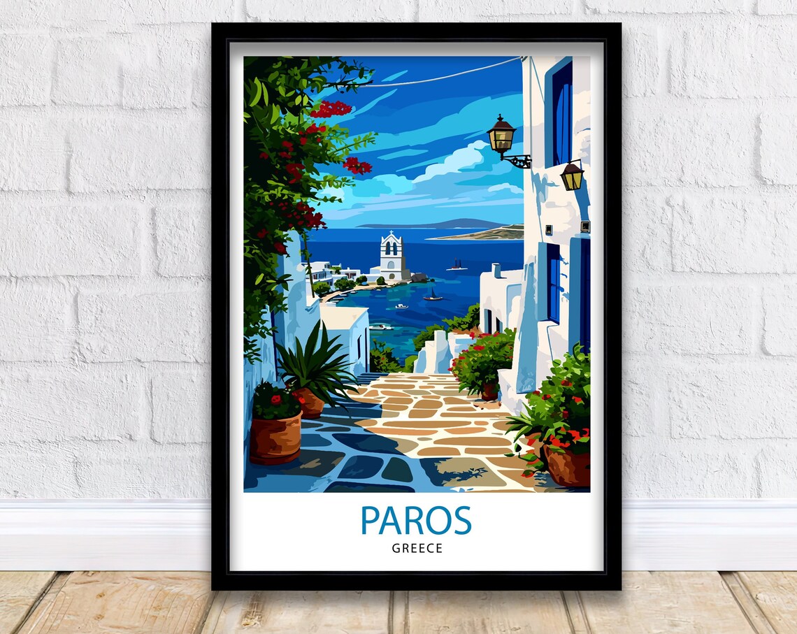 Charming Paros Greece Whitewashed Island Alley Sea View Travel Poster