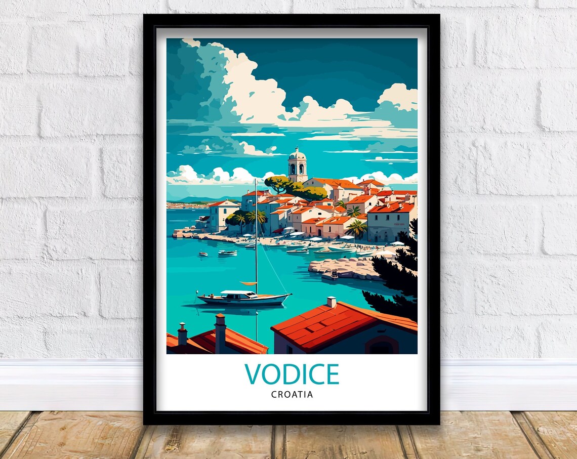 Vodice Croatia Harbor Red Roofs Sailboat Vintage Travel Poster