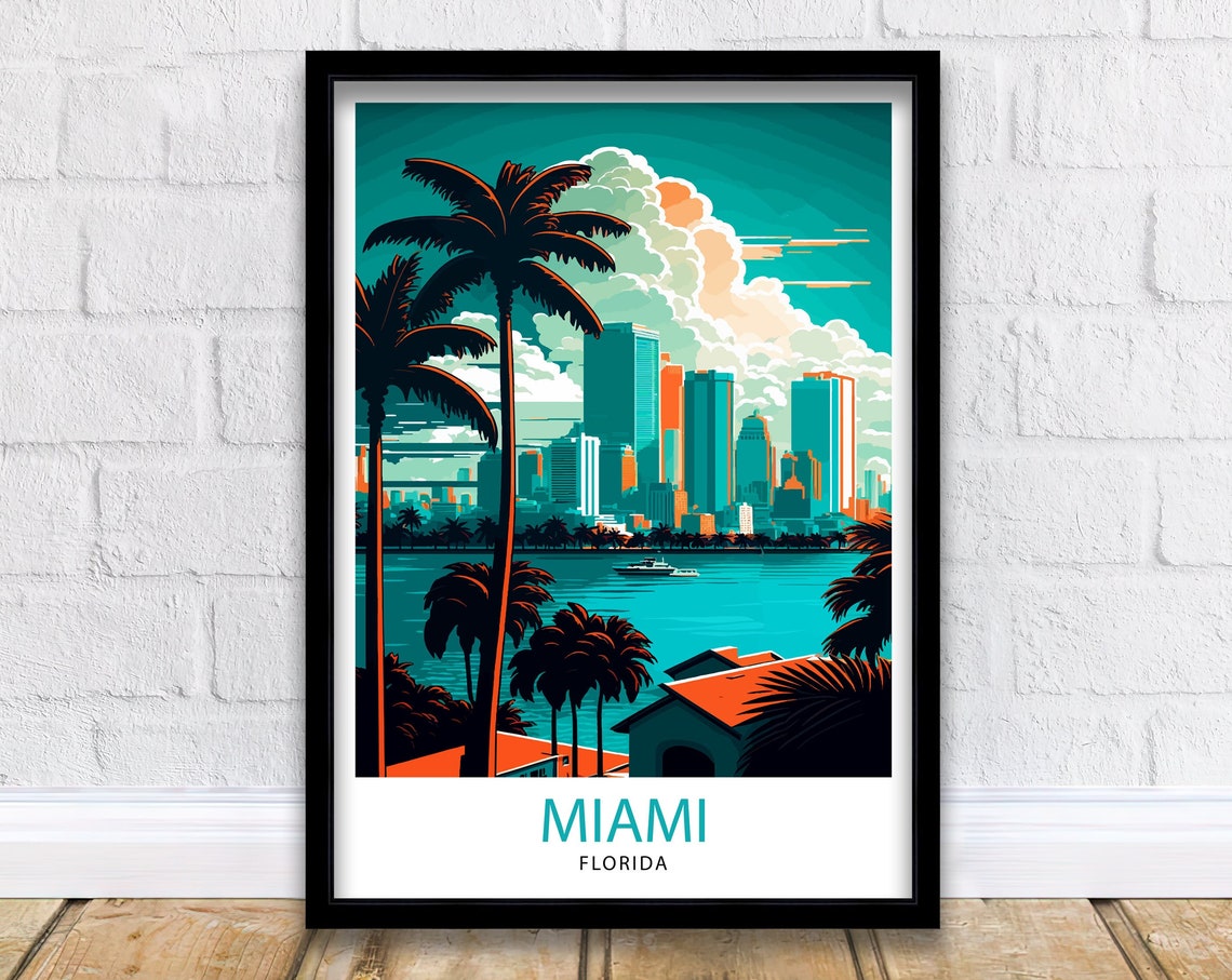 Miami Florida Skyline Palm Tree Waterfront Retro Style Travel Poster
