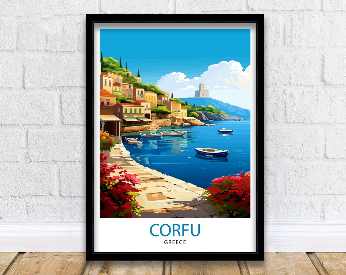Corfu Greece Picturesque Harbor Boats Coastline Travel Poster