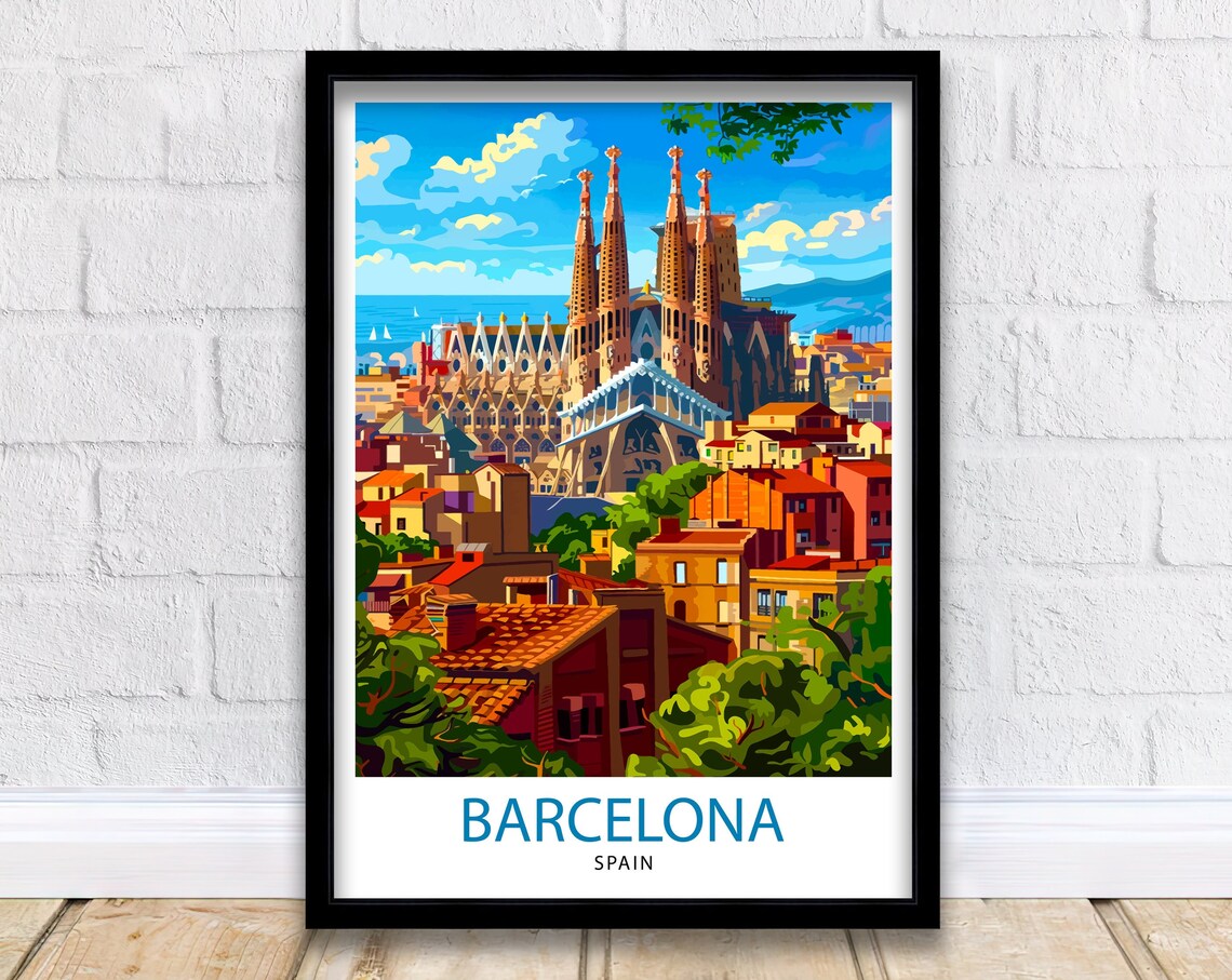 Barcelona Spain Travel Poster, Europe Illustration
