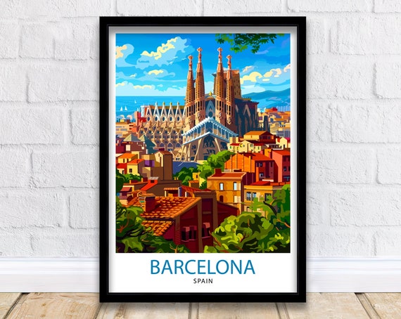 Barcelona Spain Travel Poster, Europe Illustration