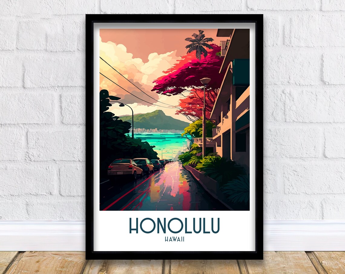 Honolulu Hawaii Street Beach Ocean Headland Vintage Travel Poster