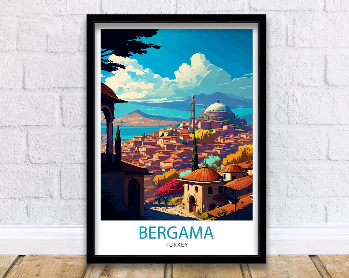 Bergama Turkey Hillside Old Town Red Roofs Vintage Travel Poster