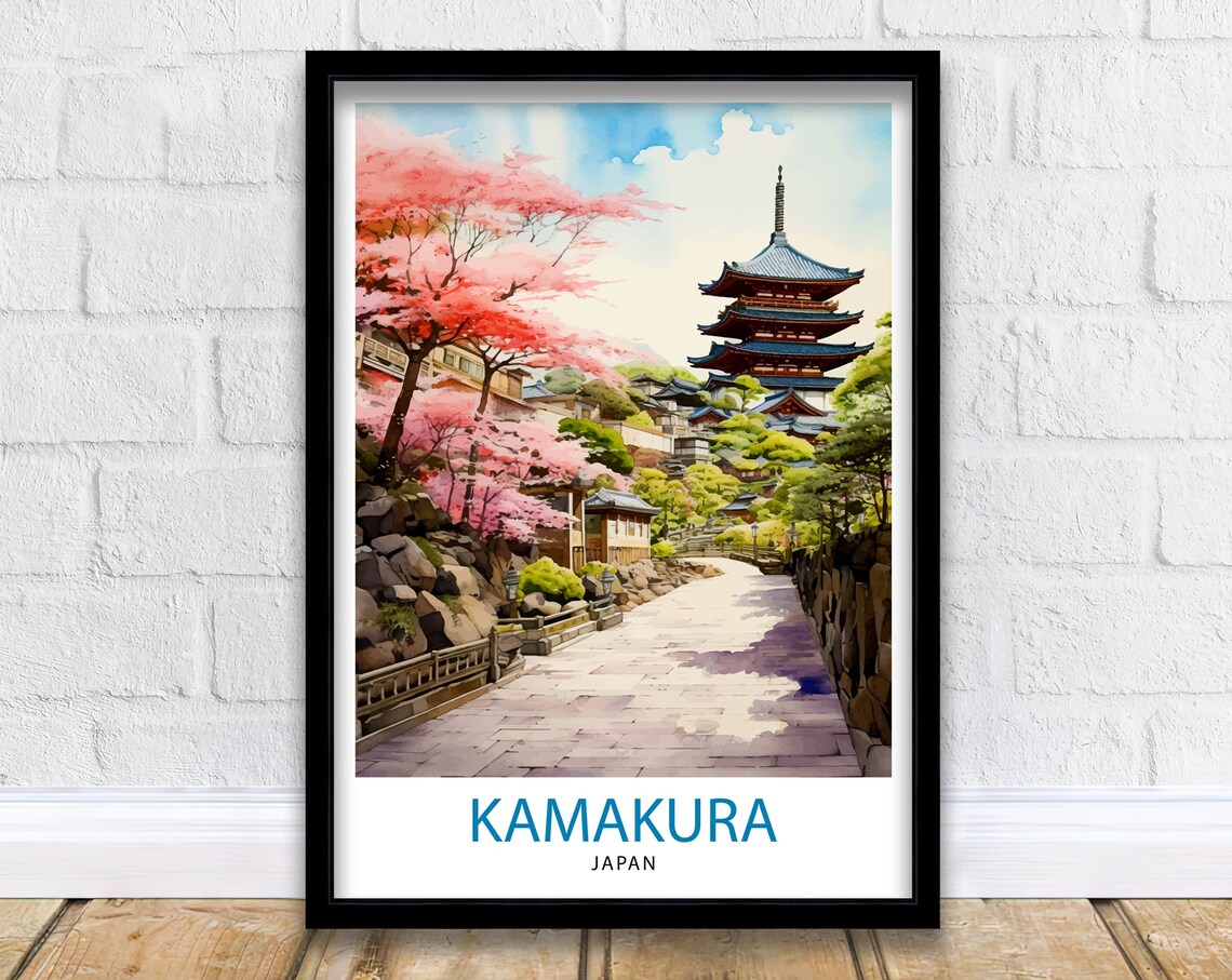 Kamakura Japan Stone Pagoda Cherry Blossom Lane Watercolor Poster