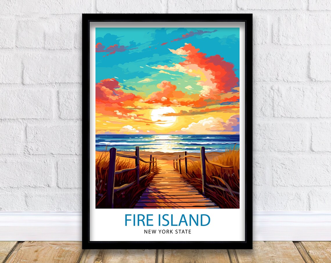 Fire Island New York Sunset Boardwalk Poster With Ocean Waves Art