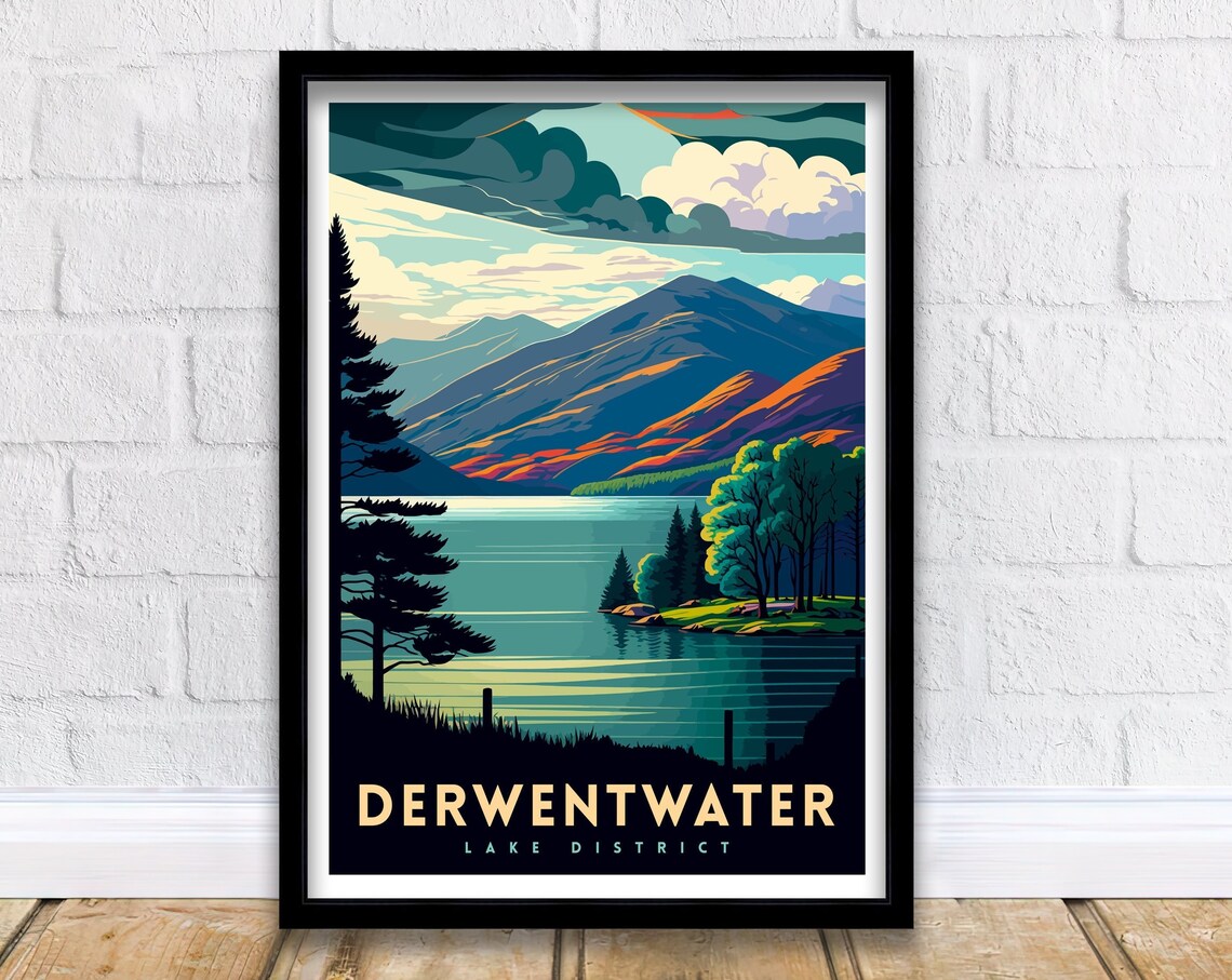 Derwentwater Lake District Travel Poster, Illustration