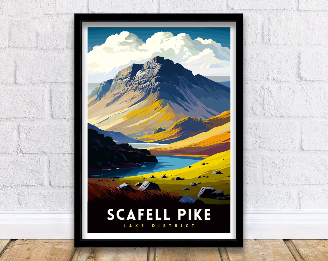 Scafell Pike Illustration Hikers Travel Poster