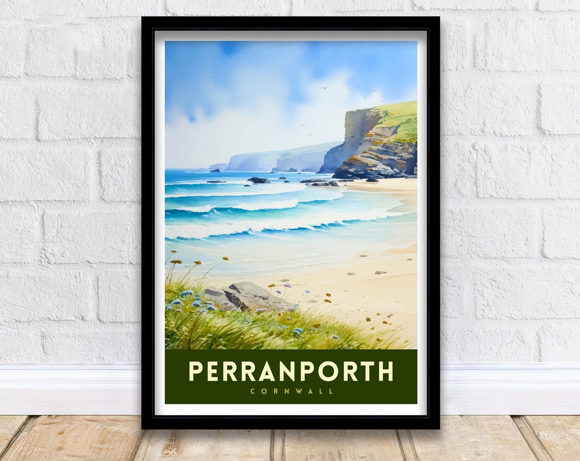 Perranporth Cornwall Sandy Beach Cliffs Watercolor Art Poster