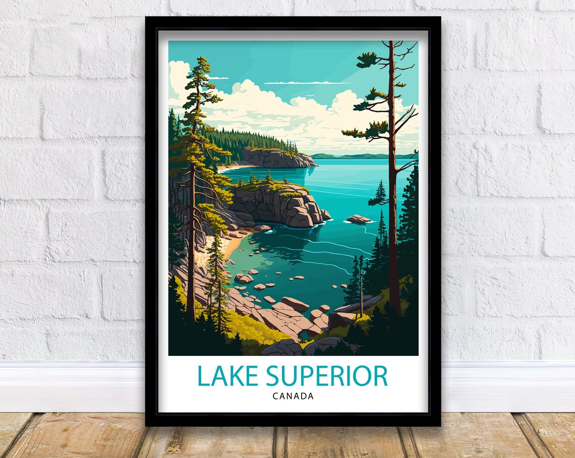 Lake Superior Canada Vintage Travel Poster Rocky Coast Pine Art