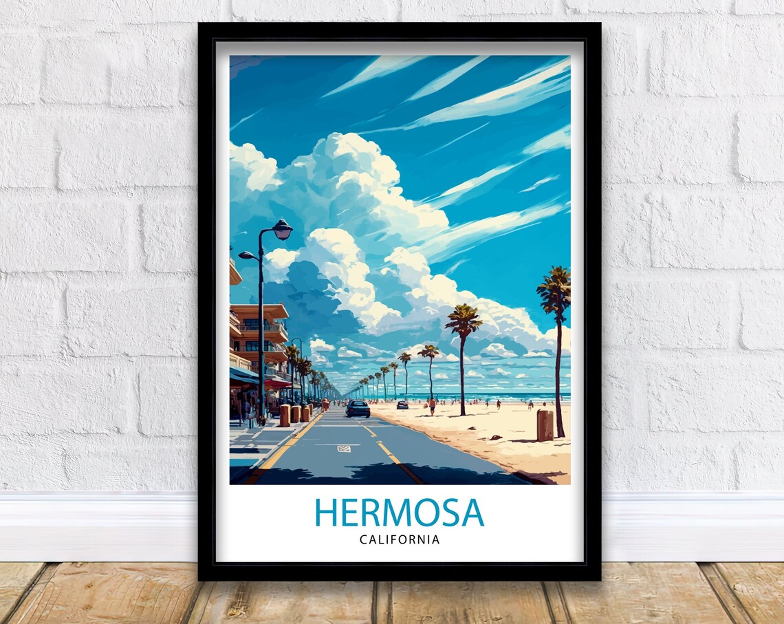 Hermosa California Beach Palm Lined Street Retro Travel Poster