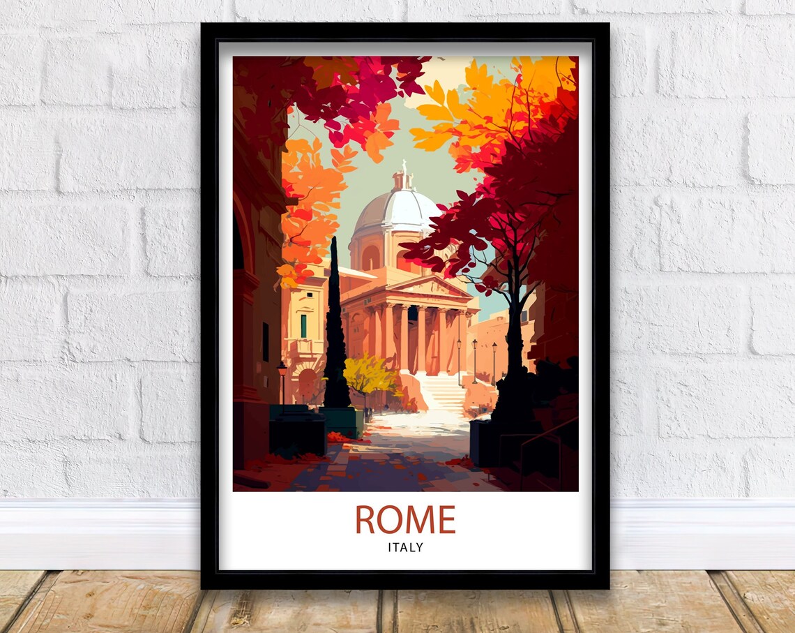 Rome Italy Domed Church Autumn Trees Old Street Travel Poster