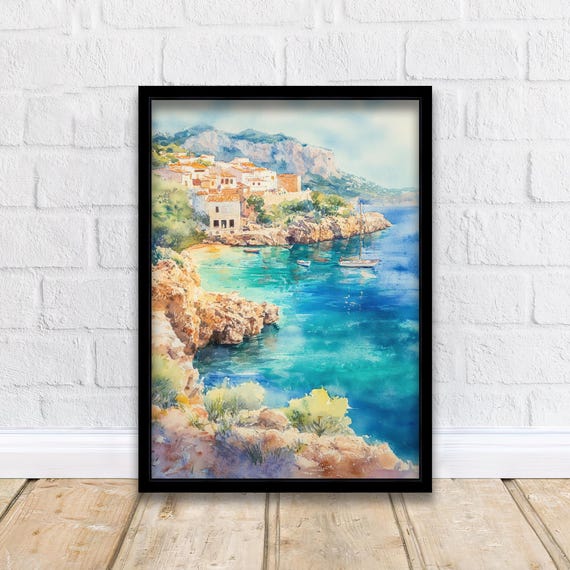 Majorca Watercolour Painting Spanish Island Art Print Scenic Mediterranean Landscape Poster Seaside Decor