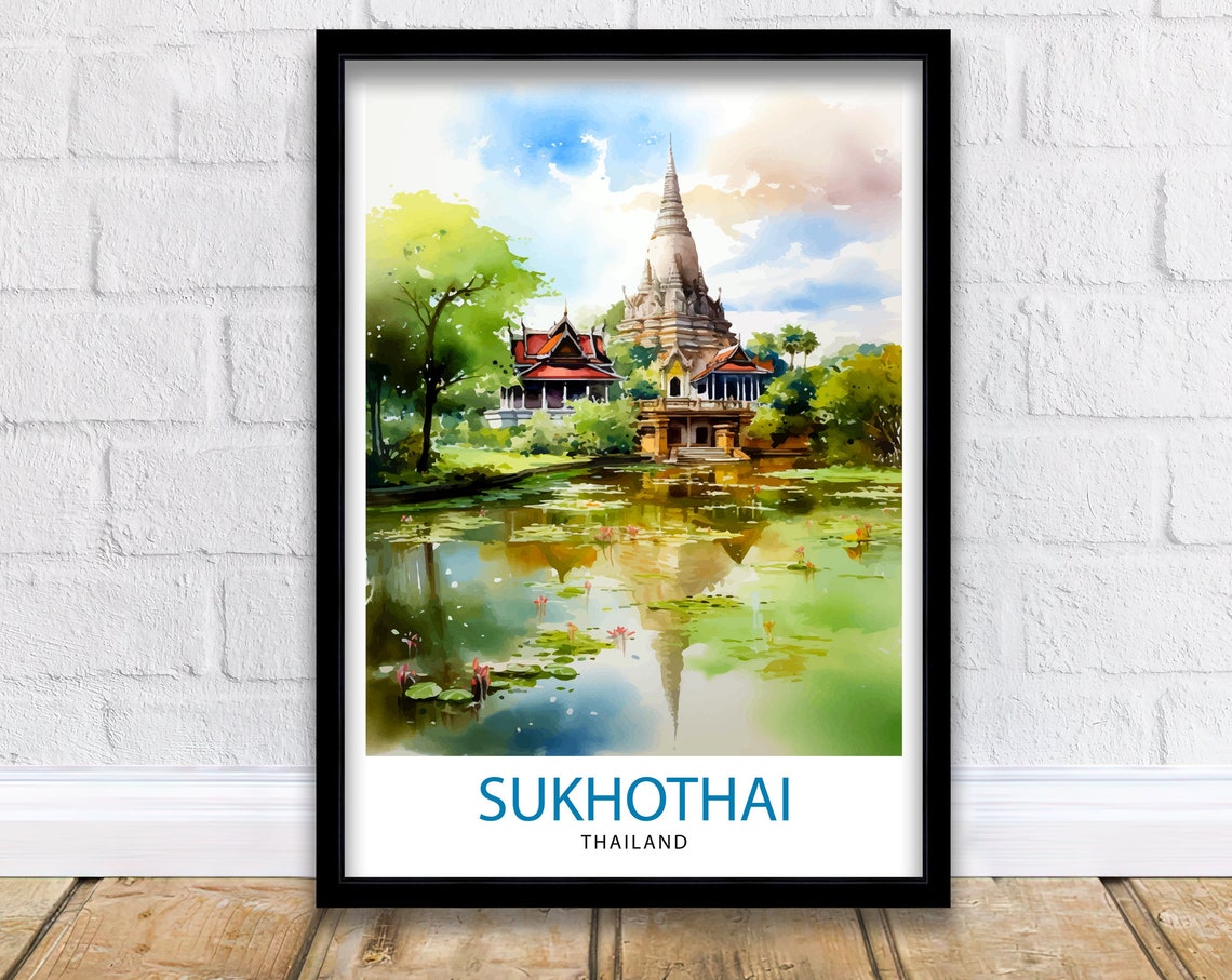 Sukhothai Thailand Temple Ruins Lotus Pond Watercolor Poster