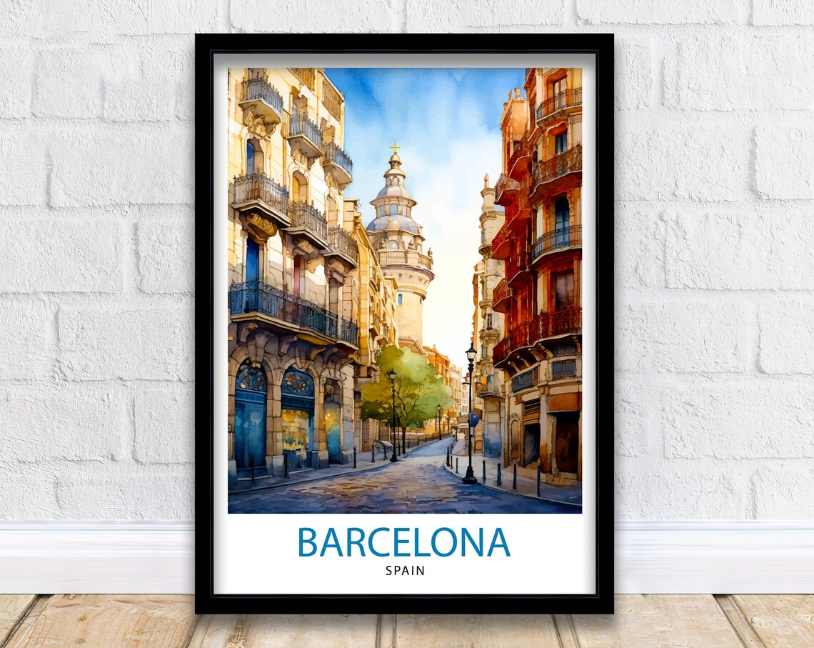 Barcelona Spain Old Town Cobblestone Street Watercolor Travel Poster
